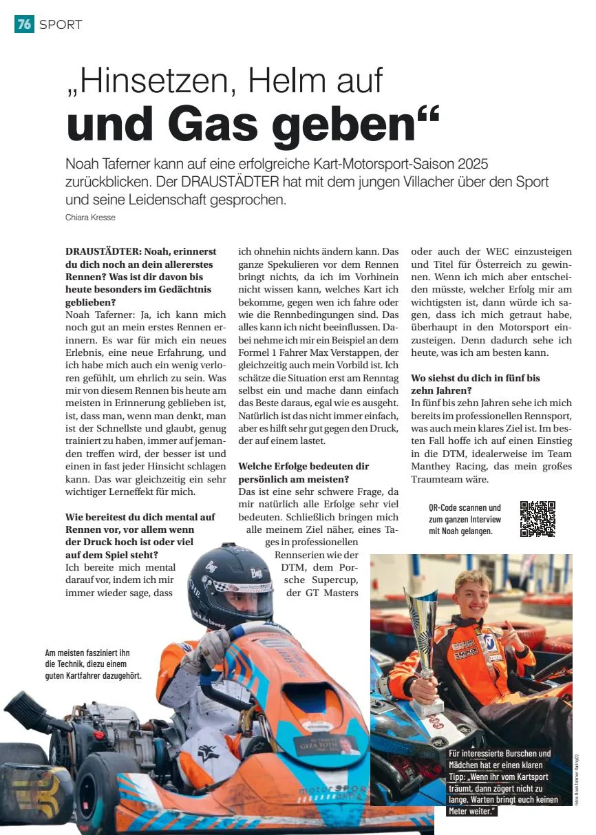 1-seitiges Interview mit Noah Taferner über Kart- und Motorsport in der Ausgabe 02/2026 des DRAUSTÄDTER Magazins (Kärntner Regionalmedien - MeinBezirk.at)